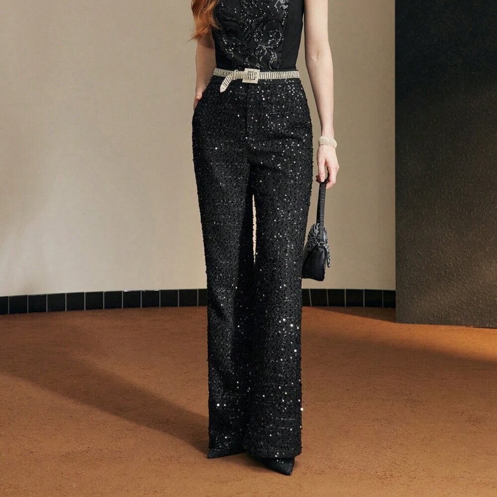 Black Party Women's Sequin Tailored Flare Leg Suit Pants - Picture 8 of 8